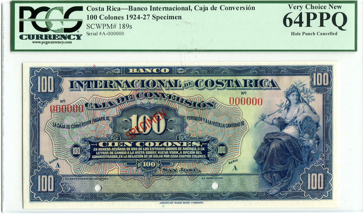 Pick　64　189,　–　1924-27,　Costa　Colones　100　PPQ　Rica　paperstuff101　Specimen　PCGS