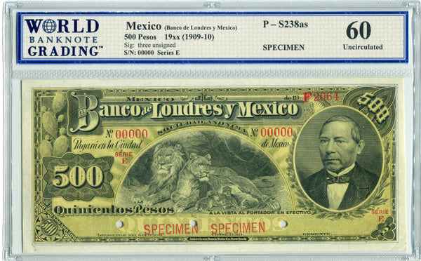 Mexico Pick 238s, MPM 276s Specimen 500 Pesos 19xx (1909-10), WBG 60 Uncirculated