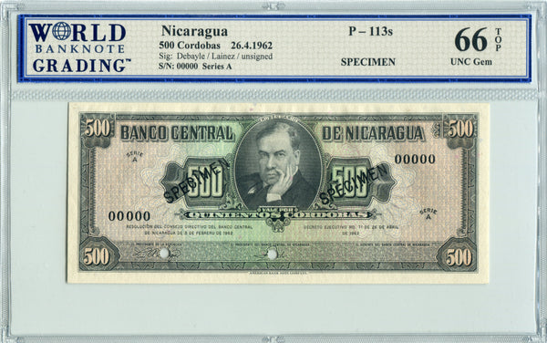 Nicaragua Pick 113s Specimen 500 Cordobas 1962, WBG 66 TOP Uncirculated Gem
