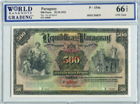 Paraguay Pick 154s Specimen 500 Pesos 1923, WBG 66 TOP Uncirculated Gem