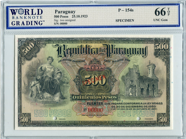 Paraguay Pick 154s Specimen 500 Pesos 1923, WBG 66 TOP Uncirculated Gem
