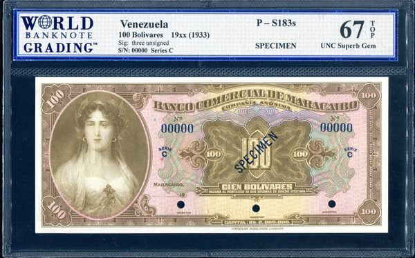 Venezuela Pick S183 Specimen 100 Bolivares 1933, WBG UNC Superb Gem 67 TOP