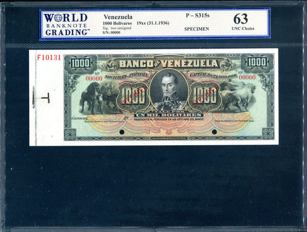 Venezuela Pick S315 Speecimen 1,000 Bolivares 1936, WBG Uncirculated Choice 63