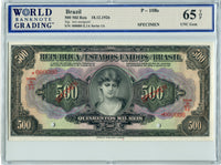 Brazil Pick 108s Specimen 500 Mil Reis 1926, WBG 65 TOP Uncirculated Gem