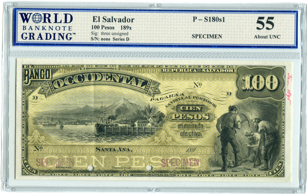 El Salvador Pick S180as1 Specimen 100 Pesos 189x, WBG 55 About Uncirculated