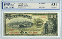 El Salvador Pick S180bs2 Specimen VARIETY 100 Pesos 1918, WBG 63 TOP Uncirculated Choice