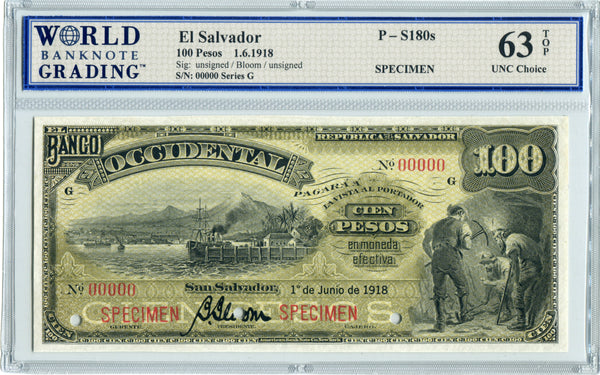 El Salvador Pick S180bs2 Specimen VARIETY 100 Pesos 1918, WBG 63 TOP Uncirculated Choice