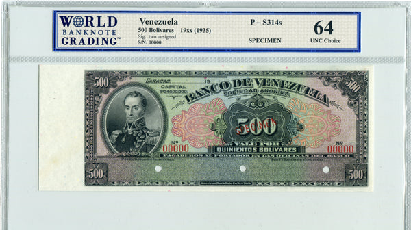 Venezuela Pick S314s Specimen 500 Bolivares 19xx (1935), WBG 64 Uncirculated Choice