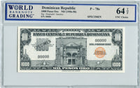 Dominican Republic Pick78s Specimen 1,000 Pesos No Date (1956-58), WBG 64 TOP Uncirculated Choice