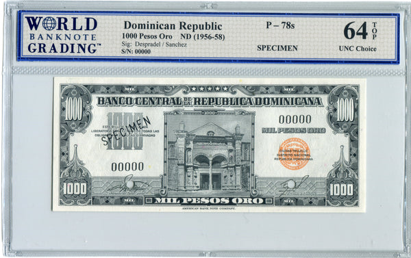 Dominican Republic Pick78s Specimen 1,000 Pesos No Date (1956-58), WBG 64 TOP Uncirculated Choice