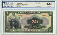 Mexico Pick 24s, MPM 4618 Specimen 50 Pesos No Date (1925-34), WBG 66 TOP Uncirculated Gem