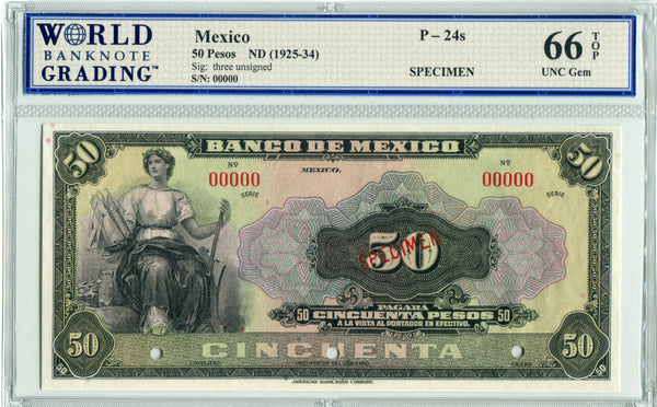 Mexico Pick 24s, MPM 4618 Specimen 50 Pesos No Date (1925-34), WBG 66 TOP Uncirculated Gem