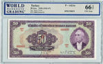 Turkey Pick 142As Specimen 50 Lira 1930 (1942-47) Bow Tie, WBG 66 TOP Uncirculated Gem