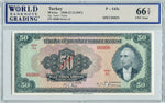 Turkey Pick 143s Specimen 50 Lira 1930 (1947) Slate Blue, WBG 66 TOP Uncirculated Gem