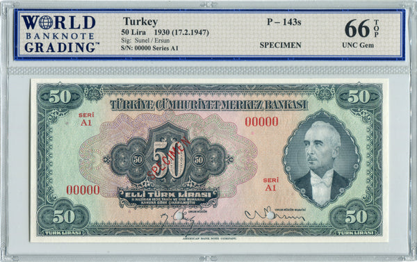 Turkey Pick 143s Specimen 50 Lira 1930 (1947) Slate Blue, WBG 66 TOP Uncirculated Gem