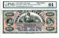 Costa Rica Pick S227 Specimen 100 Pesos, Series A, 1886-89, PMG Choice Uncirculated 64