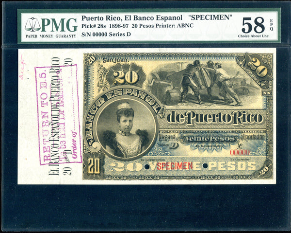 Puerto Rico Pick 28 Specimen 20 Pesos 1894-97, PMG Choice About Uncirculated 58 EPQ