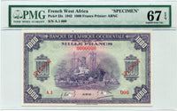 French West Africa Pick 32 Specimen 1,000 Francs 1942, PMG 67 Superb Gem Uncirculated EPQ