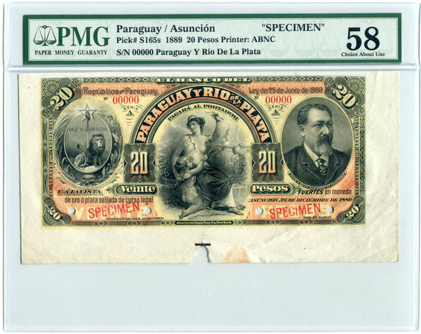 Paraguay Pick S165 Specimen 20 Pesos 1889, PMG Choice About Uncirculated 58