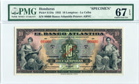Honduras Pick S124as Specimen 10 Lempiras 1932, PMG 67 EPQ Superb Gem Uncirculated