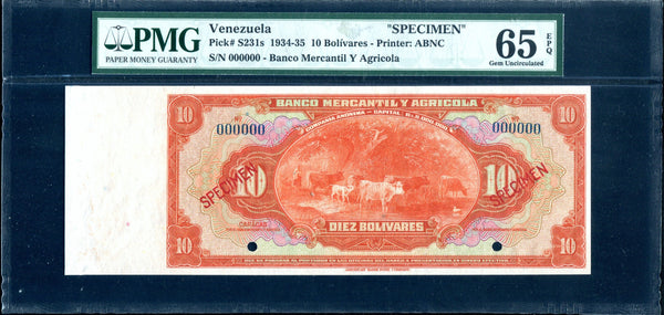 Venezuela Pick S231 Specimen 10 Bolivares 1934-35, PMG Gem Uncirculated 65 EPQ