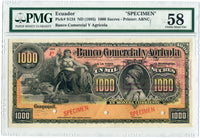 Ecuador Pick S124 Specimen 1,000 Sucres Circa 1895, PMG Choice About Uncirculated 58