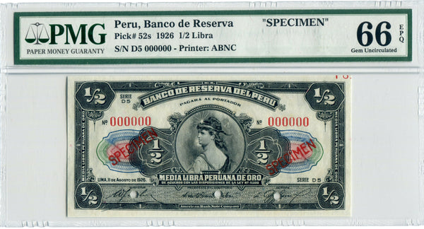 Peru Specimen (Half) 1/2 Libra 1926, PMG 66 EPQ