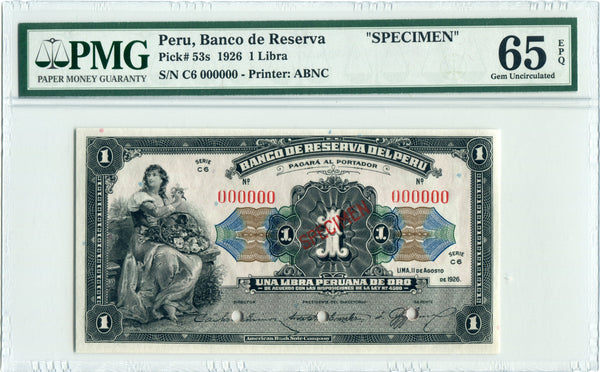 Peru Specimen 1 Libra 1926, PMG 65 EPQ