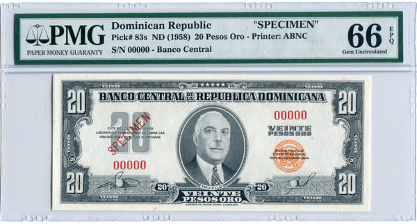 Dominican Republic Pick 83 Specimen 20 Pesos 1958, PMG Gem Uncirculated 66 EPQ