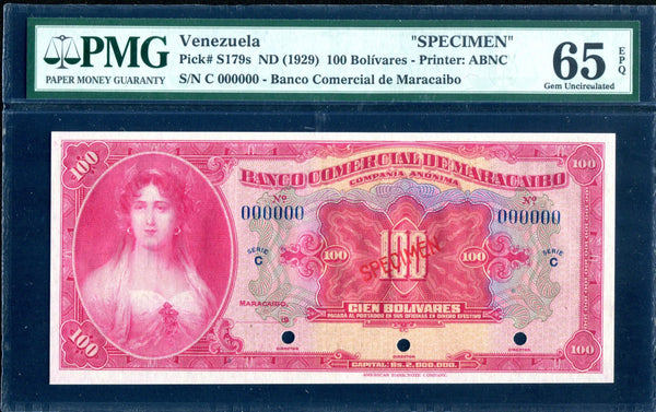 Venezuela Pick S179 Specimen 100 Bolivares 1929, PMG Gem Uncirculated 65 EPQ