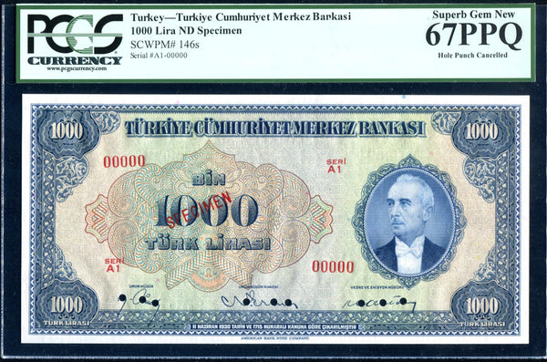 Turkey Pick 146 Specimen 1,000 Lira 1930 (1946), PCGS Superb Gem New 67 PPQ