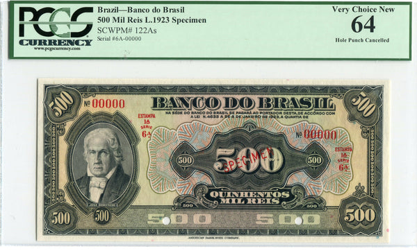 Brazil Pick 122A Specimen 500 Mil Reis 1923, PCGS Very Choice New 64