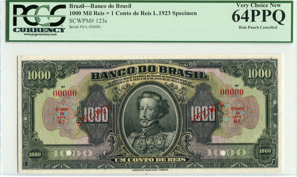 Brazil Pick 123 Specimen 1,000 Mil Reis, 1923, PCGS Very Choice New 64 PPQ