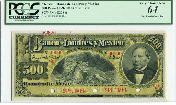 Mexico Pick S238 Specimen "Color Trial" 500 Pesos 1913, PCGS Very Choice New 64