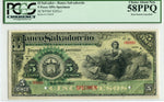 El Salvador Pick S203s1 Specimen 5 Pesos 1899-1916, PCGS Choice About New 58 PPQ
