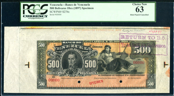 Venezuela Pick S274 Specimen 500 Bolivares 1897, PCGS Choice New 63