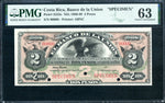 Costa Rica Pick S222 Specimen 2 Pesos 1886-89, PMG Choice Uncirculated 63