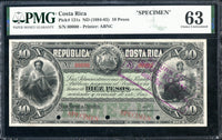 Costa Rica Pick 121 Specimen 10 Pesos 1884-85, PMG Choice Uncirculated 63