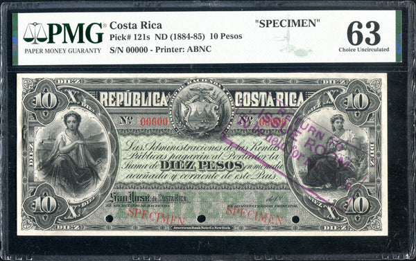 Costa Rica Pick 121 Specimen 10 Pesos 1884-85, PMG Choice Uncirculated 63