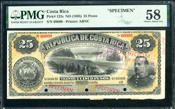 Costa Rica Pick 122 Specimen 25 Pesos 1885, PMG Choice About Uncirculated 58