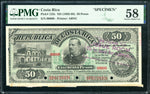 Costa Rica Pick 123 Specimen 50 Pesos 1885-88, PMG Choice About Uncirculated 58