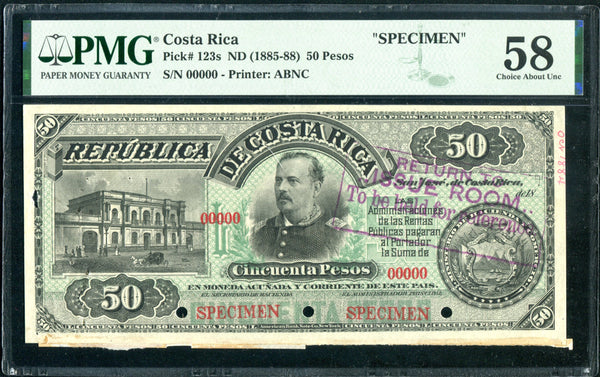 Costa Rica Pick 123 Specimen 50 Pesos 1885-88, PMG Choice About Uncirculated 58