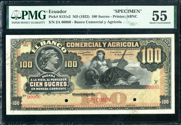 Ecuador Pick S131s2 Specimen 100 Sucres 1922, PMG About Uncirculated 55