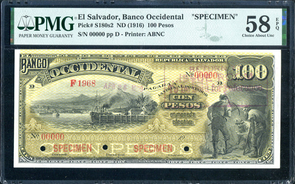 El Salvador Pick S180s2 Specimen 100 Pesos 1916, PMG Choice About Uncirculated 58 EPQ