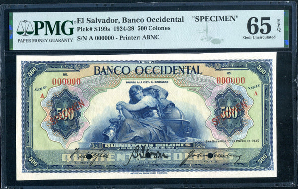 El Salvador Pick S199 Specimen 500 Colones 1925, PMG Gem Uncirculated 65 EPQ