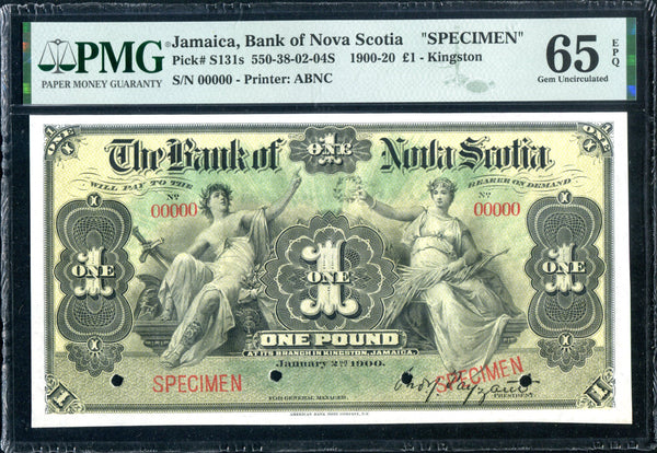 Jamaica Pick S131 Specimen 1 Pound 1900, PMG Gem Uncirculated 65 EPQ