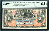 Costa Rica Pick S223 Specimen 5 Pesos 1887, PMG Choice Uncirculated 64 EPQ