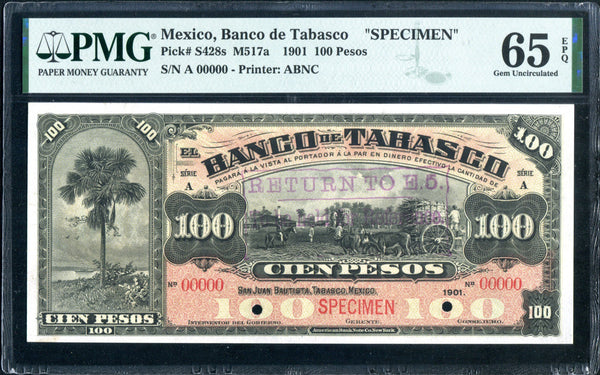 Mexico Pick S428 Specimen 100 Pesos 1901, PMG Gem Uncirculated 65 EPQ