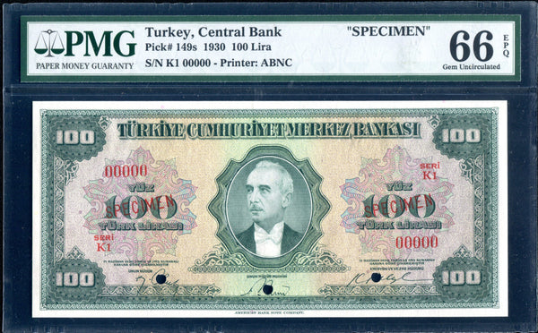 Turkey Pick 149 Specimen 100 Lira 1930 (1947), PMG Gem Uncirculated 66 EPQ