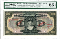 Brazil Pick 109 Specimen 1,000 Mil Reis 1926, PMG Choice Uncirculated 63 EPQ